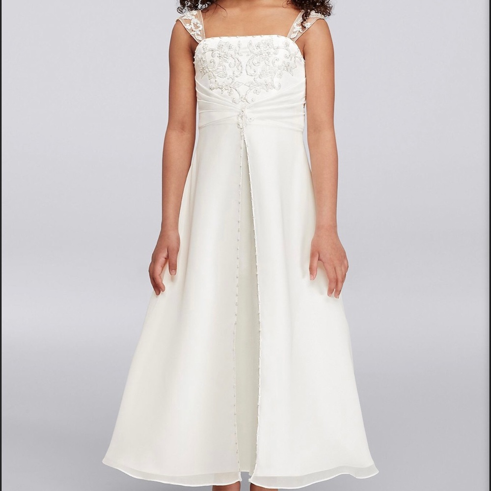 David’s Bridal, Satin A Line Flower Girl Gown with Embroidery, Size 6